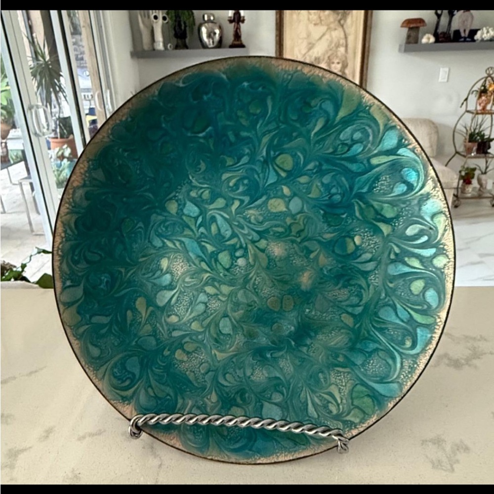 Signed "Deborah" Vintage Enamel on Copper Peacock Feather Plate | 7½" | MCM
